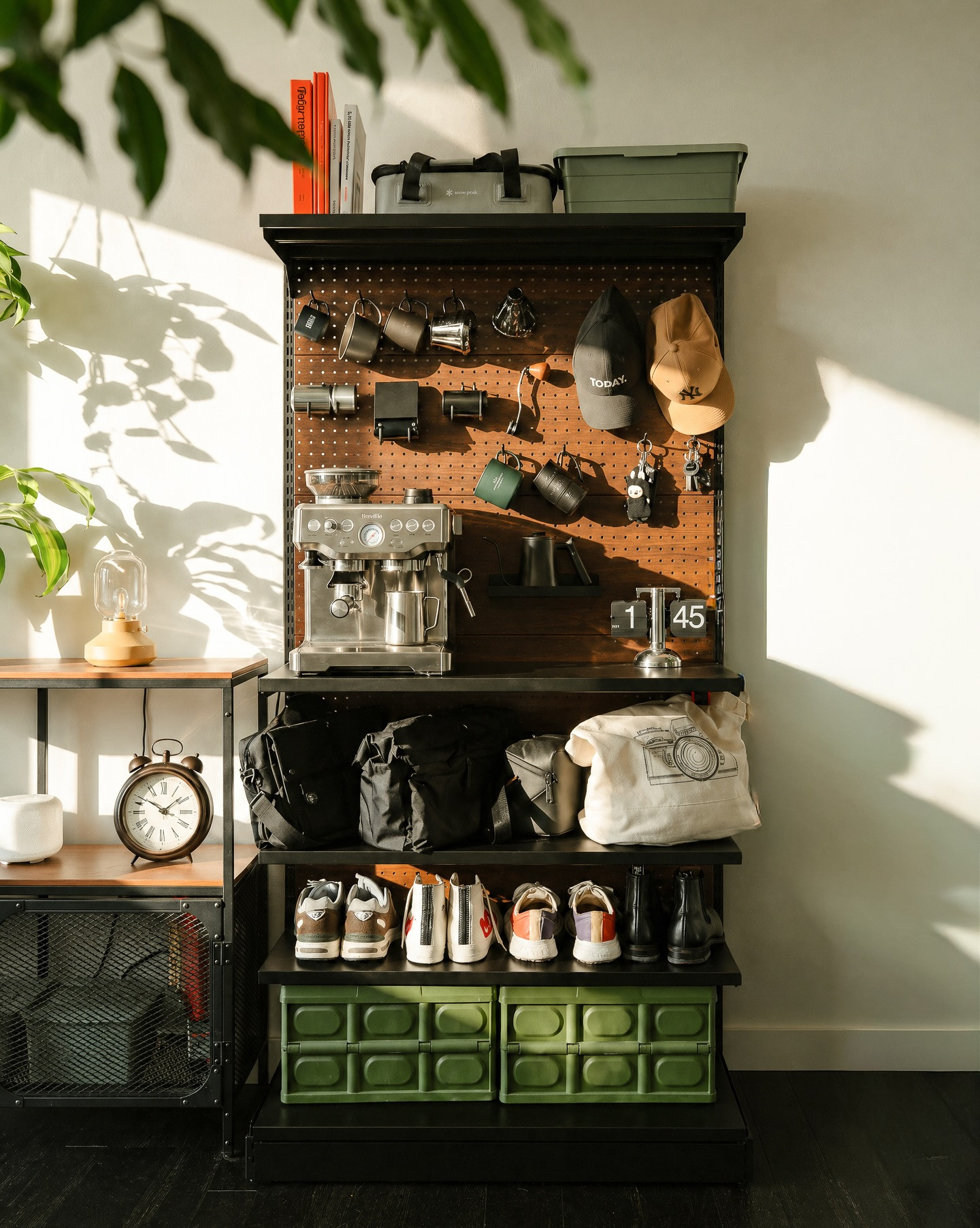 A PegGrid coffee station photographed by Cas Gao in warm window light